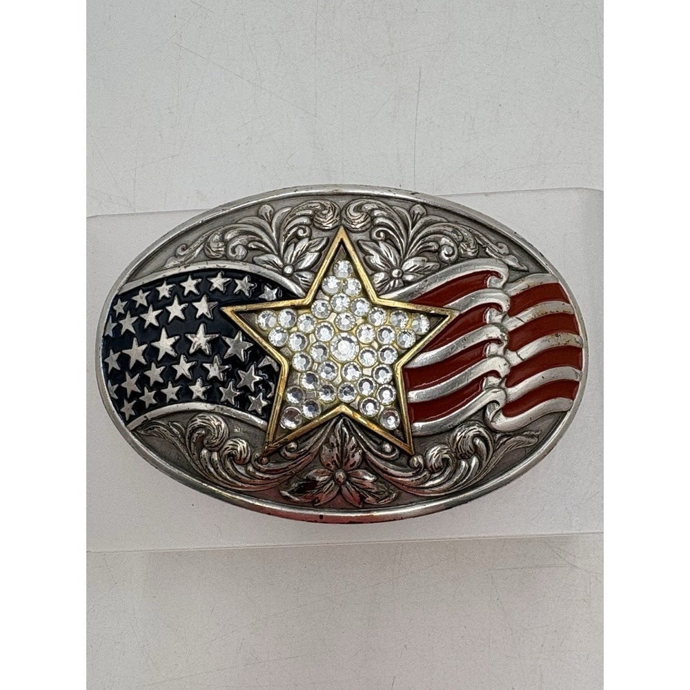 American Flag Old Glory Belt Buckle Silverplate July 4th Patriotic Rhinestone
